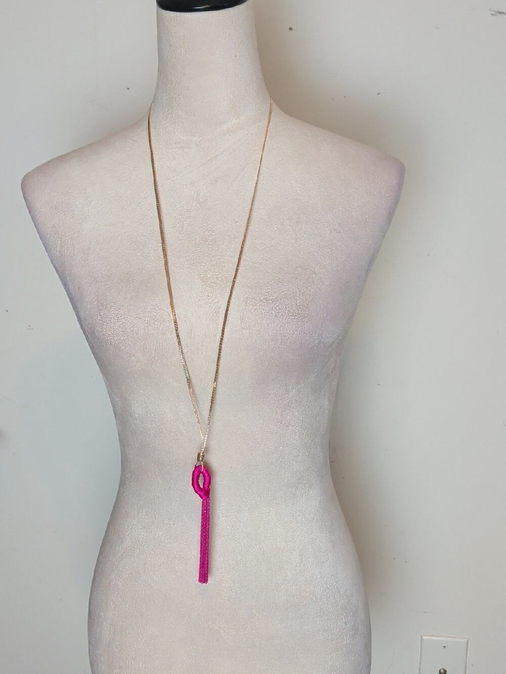 Y2K Hot Pink Tassel Necklace Barbiecore Long Pendant With Rhinestones